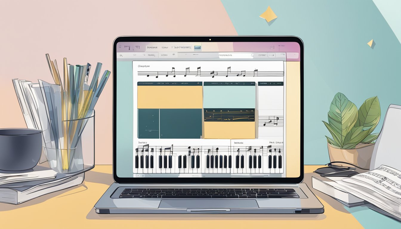 A computer screen with a website displaying a variety of piano sheet music. An open laptop and a credit card on the desk