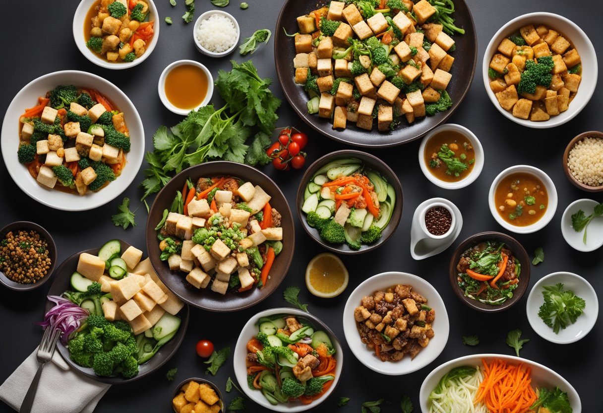 A table set with a variety of colorful vegetarian tofu dishes, including stir-fries, salads, and soups, all with traditional Chinese seasonings and garnishes