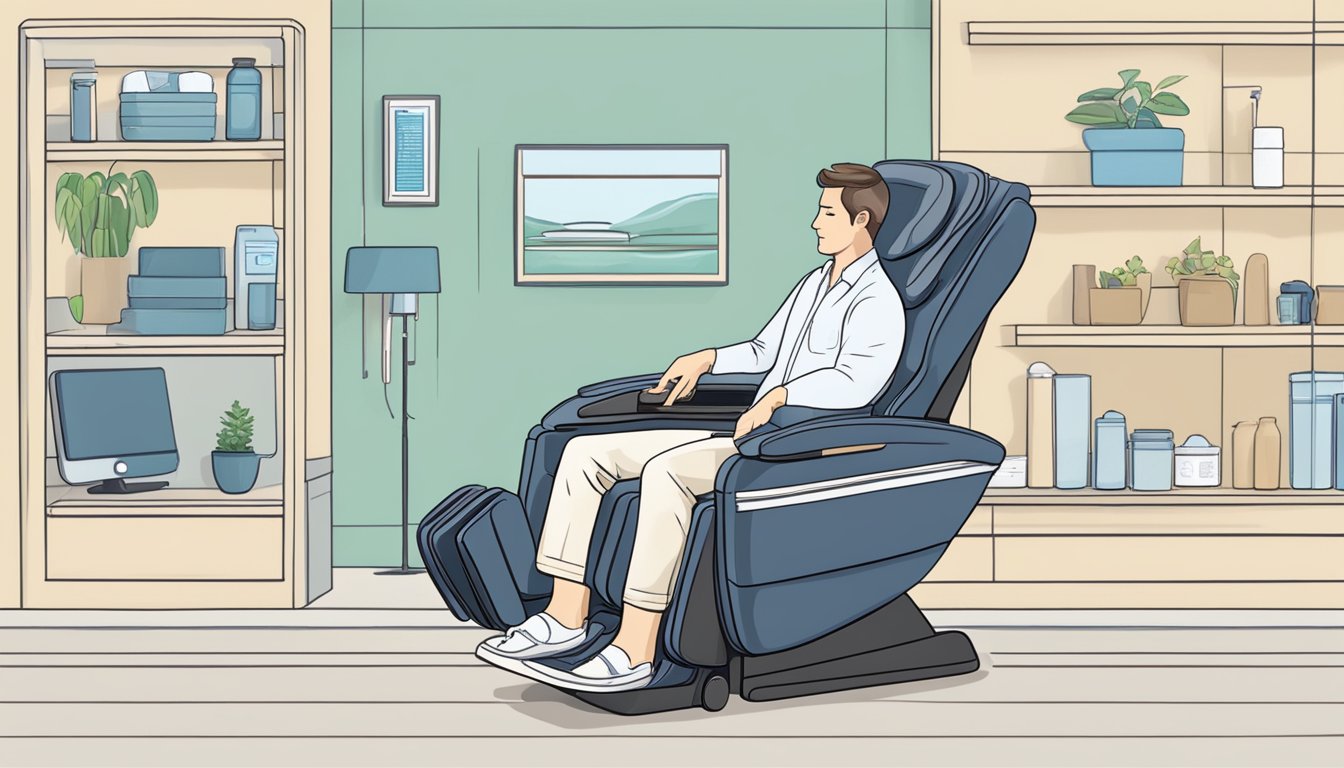 A person clicks "add to cart" on a massage chair website, entering payment info and completing the purchase