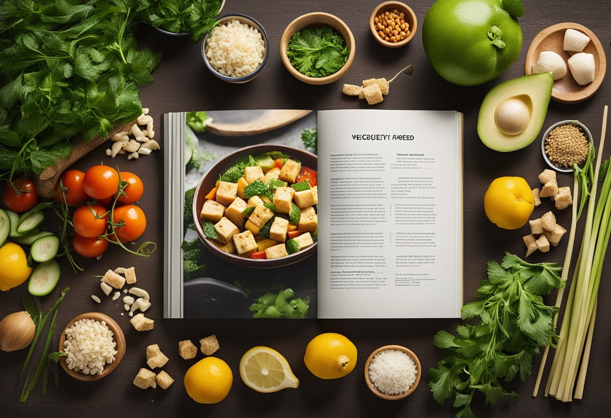 A colorful cookbook open to a page titled "Frequently Asked Questions: Vegetarian Tofu Recipes Chinese", with various ingredients and utensils scattered around