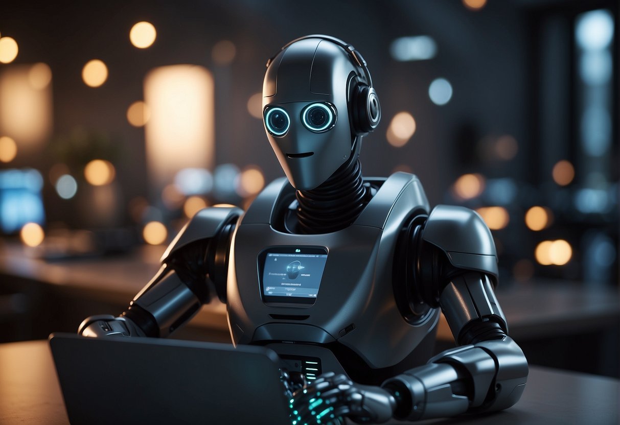 Un robot de referencia se sienta frente a una computadora, procesa y envía referencias automáticas a diferentes contactos. La interfaz del bot muestra diversos datos y análisis.