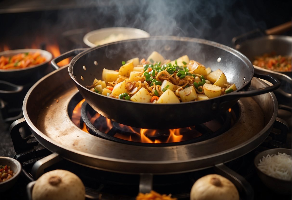 A wok sizzles as diced potatoes, onions, and spices are stir-fried. Steam rises, filling the kitchen with the aroma of Kerala-style Chinese potato recipe