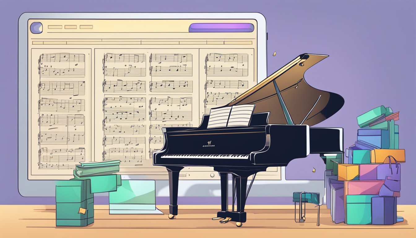 A computer screen displays a variety of piano sheet music. A cursor clicks on different titles, adding them to a virtual shopping cart