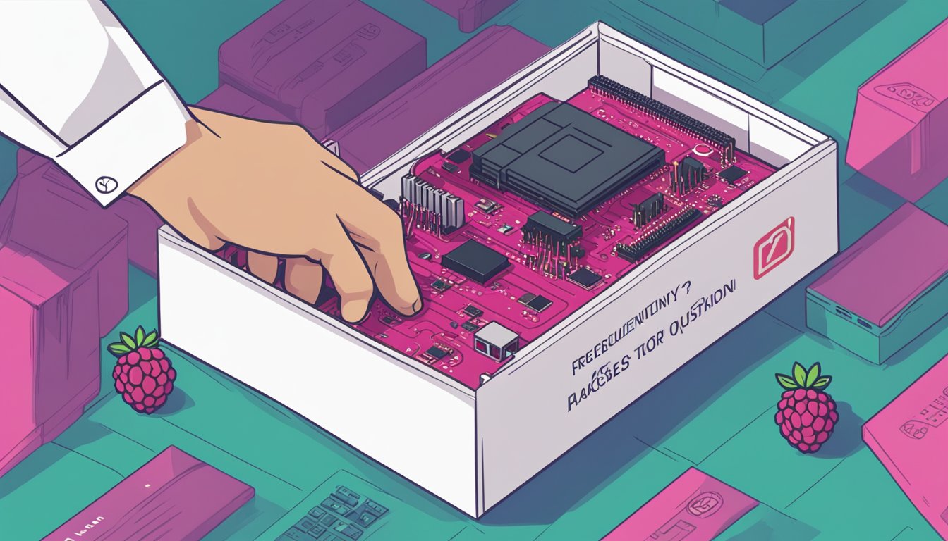 A hand reaching for a Raspberry Pi 3 box with a "Frequently Asked Questions" sign in the background