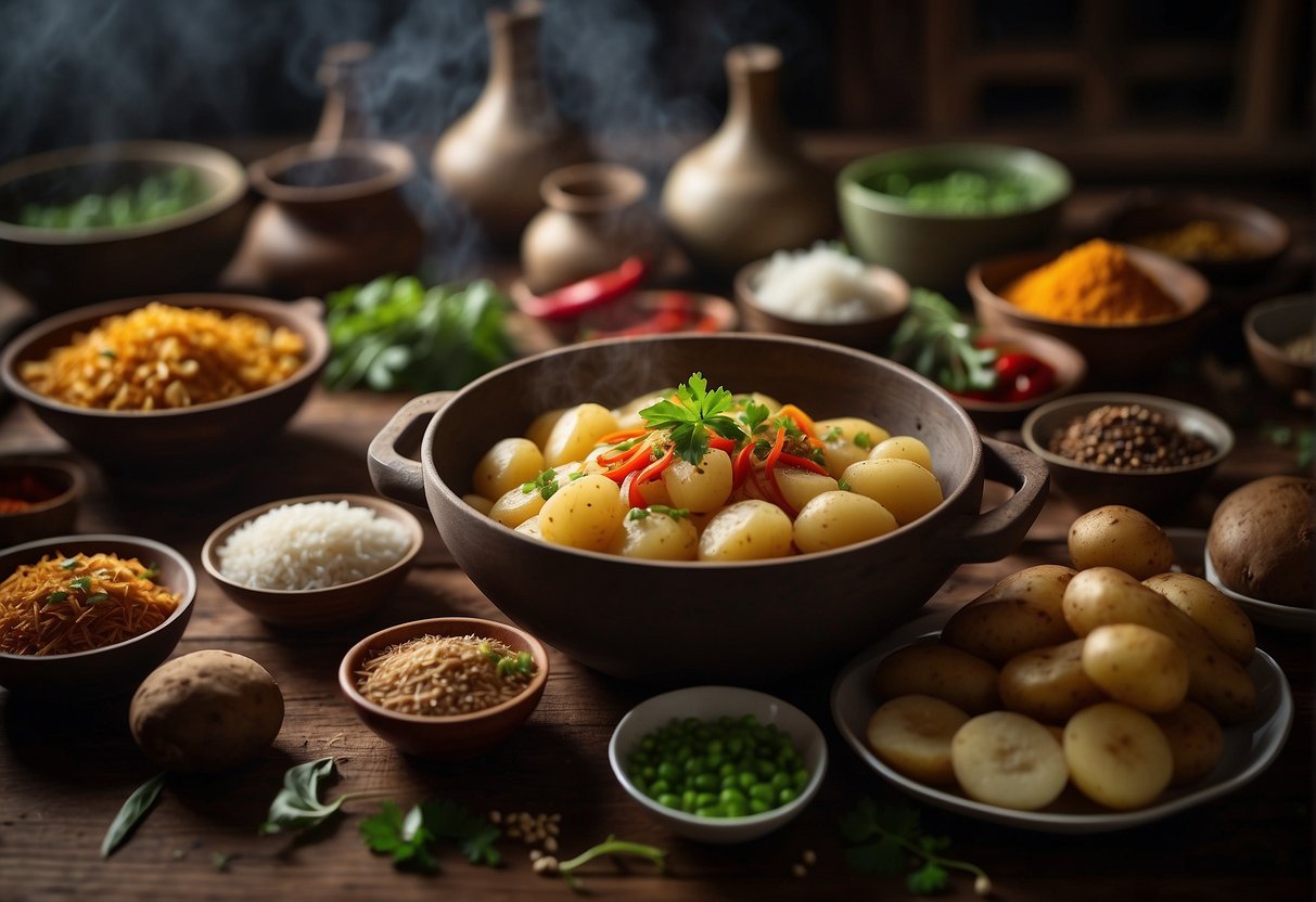 A traditional Chinese potato recipe being prepared in a Kerala-style kitchen, with a variety of spices and ingredients laid out on a wooden table