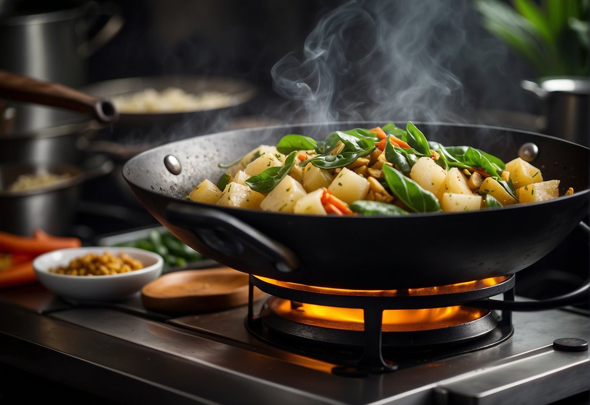 A wok sizzles with diced Koorka, ginger, and curry leaves. Steam rises as the Chinese potato dish is stir-fried in Kerala style