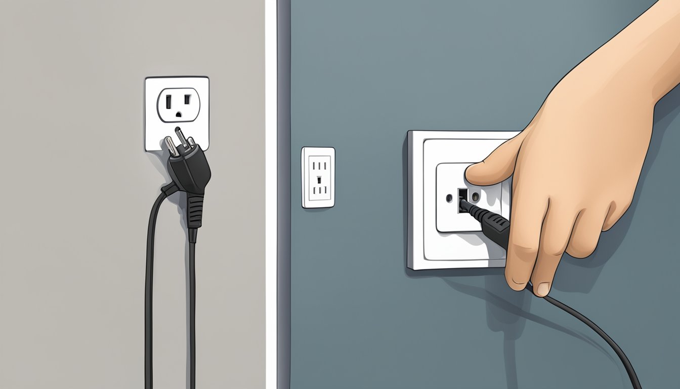 A hand inserts a plug into an electrical outlet in Singapore