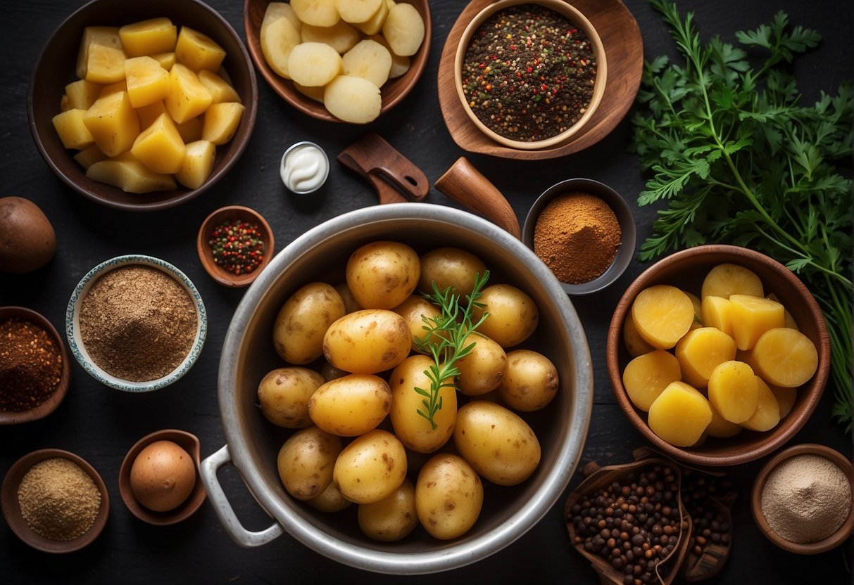 A table set with various ingredients like potatoes, spices, and herbs, along with cooking utensils and a recipe book open to the page for "Chinese Potato Recipe Kerala Style."