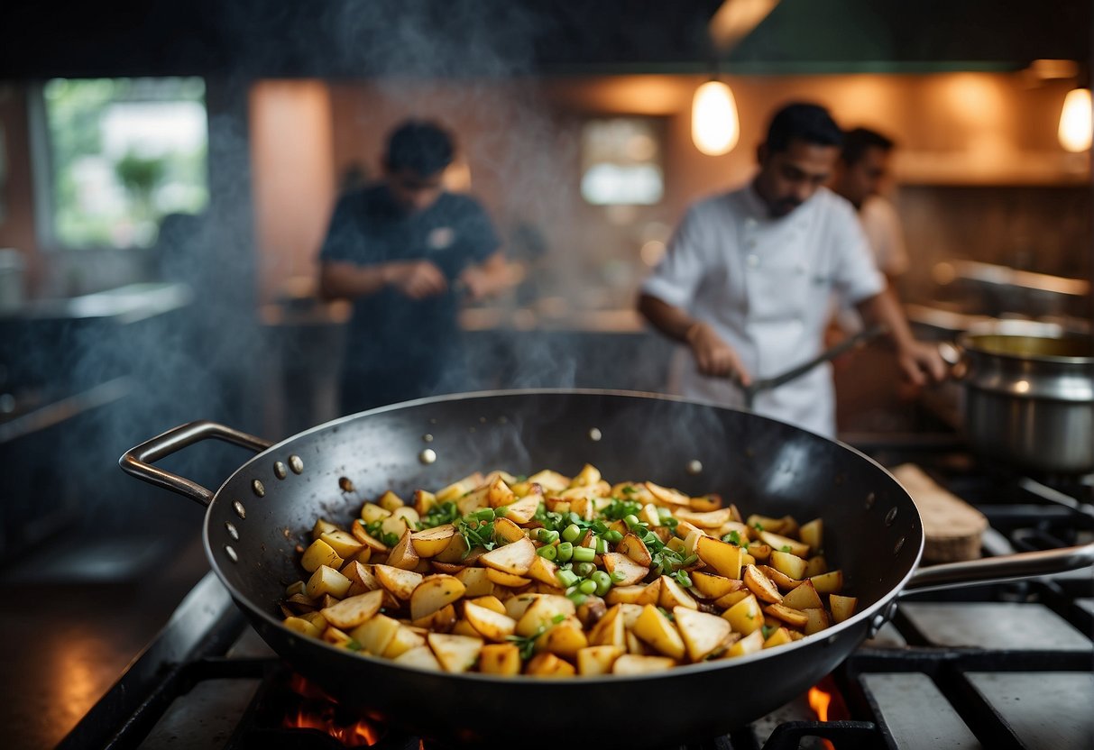 A wok sizzles with diced Chinese potatoes, as fragrant spices are added in a Kerala kitchen