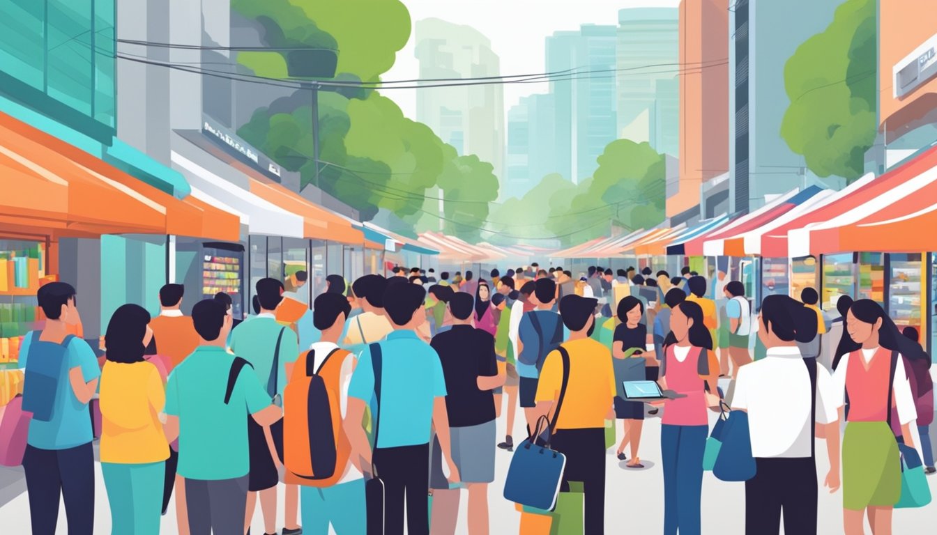 People buying and selling smartphones in a bustling Singapore market