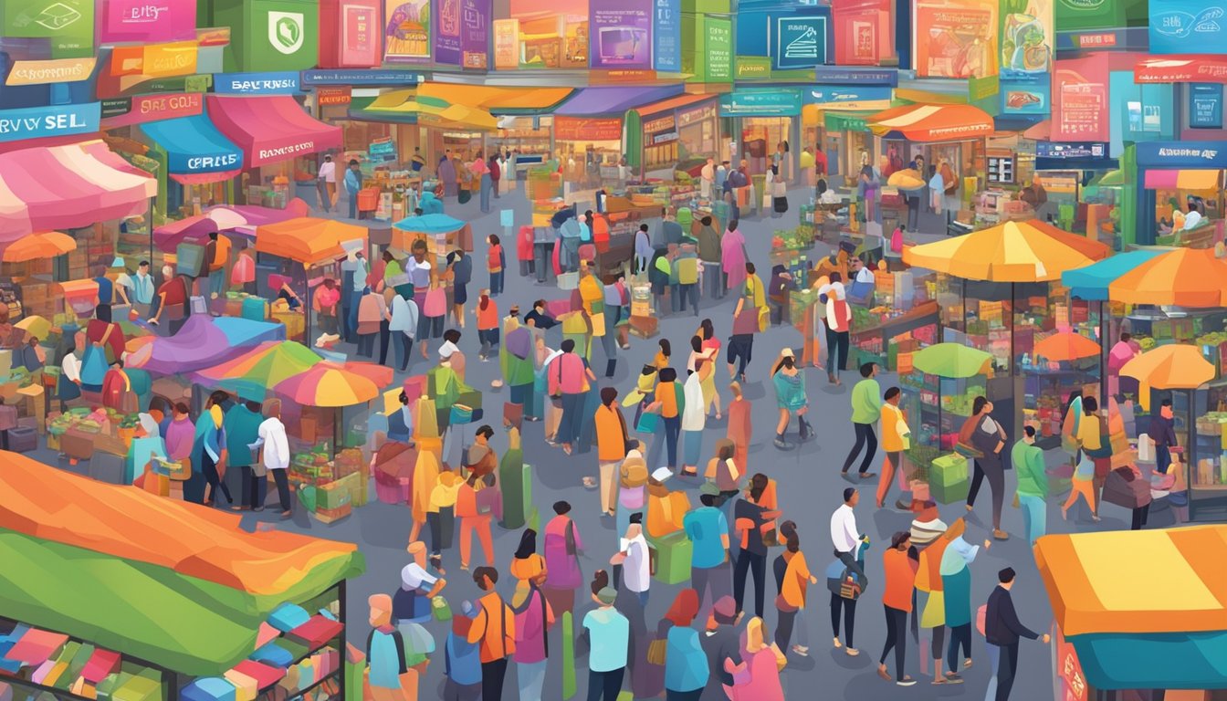 A bustling marketplace with people browsing and exchanging handphones, colorful signs advertising buy and sell services, and a vibrant atmosphere filled with excitement and opportunity