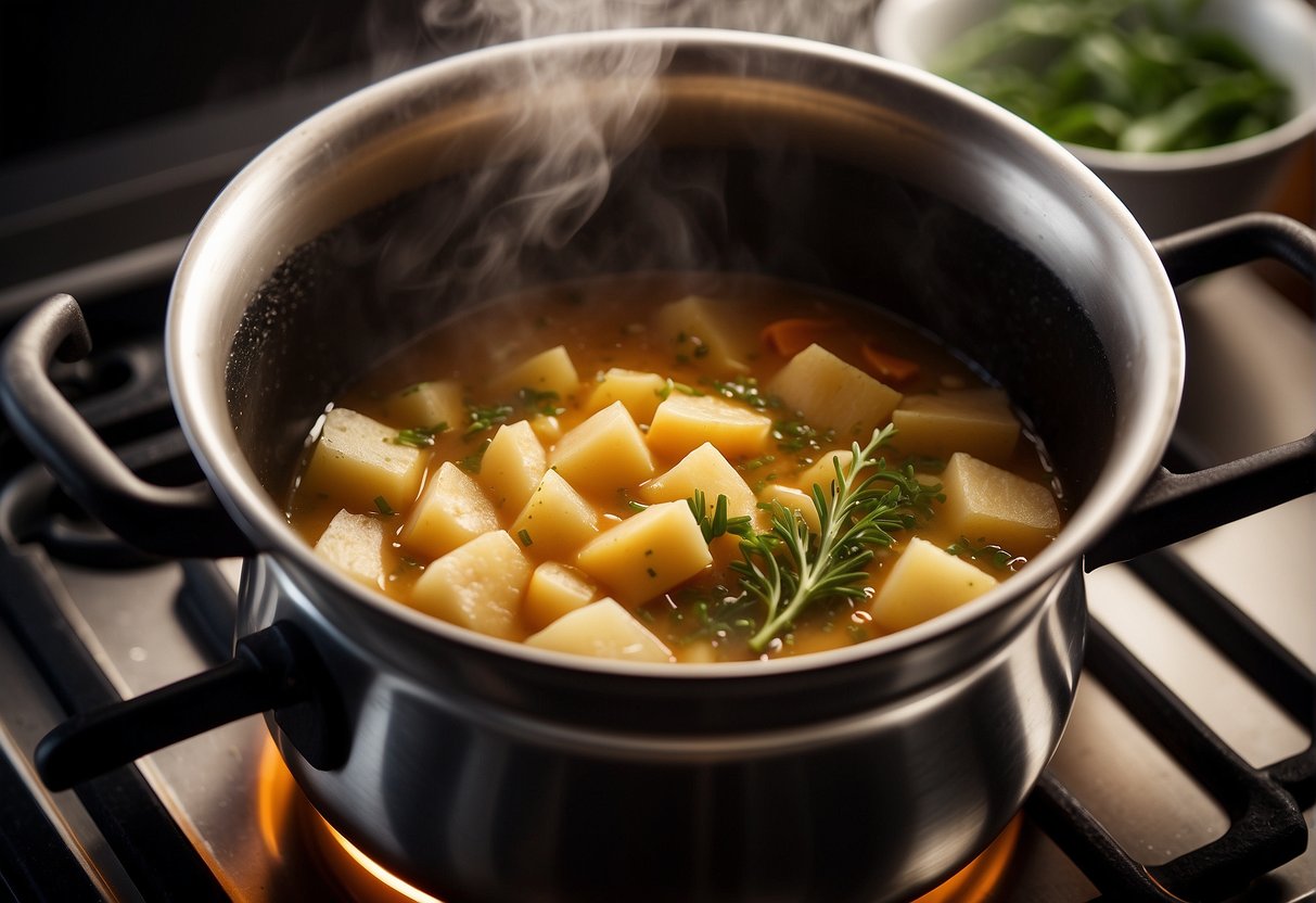 A pot simmers on a stove. Ingredients like potatoes, garlic, and ginger are being added. Steam rises as the soup cooks