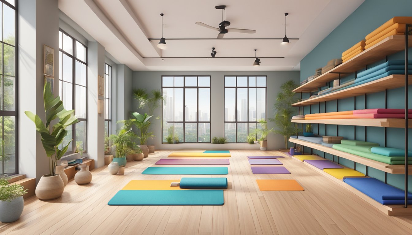 A bright and spacious yoga studio in Singapore, shelves lined with colorful yoga mats of various sizes and materials