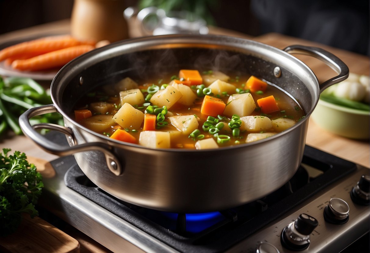 A pot simmering on a stove, filled with diced potatoes, carrots, and onions in a flavorful broth, with a sprinkle of green onions on top