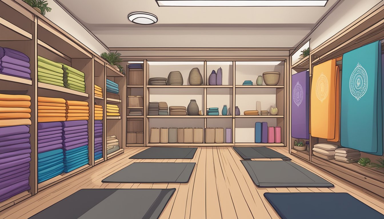A serene yoga studio in Singapore, shelves stocked with colorful yoga mats, a sign displaying "Where to Purchase Yoga Mats in Singapore"