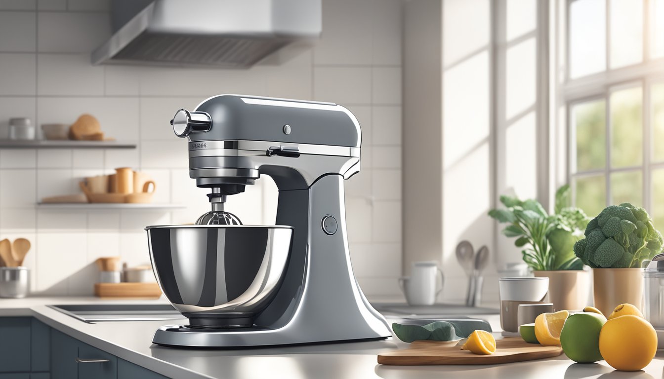 A hand reaching for a sleek, modern mixer grinder on a clean, organized kitchen counter. Bright, natural light filters through the window, highlighting the appliance's polished surface