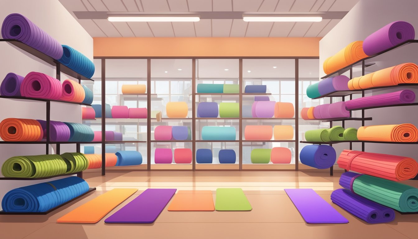 A display of colorful yoga mats in a well-lit store in Singapore, with a sign reading "Frequently Asked Questions: Where to buy yoga mat in Singapore" prominently displayed