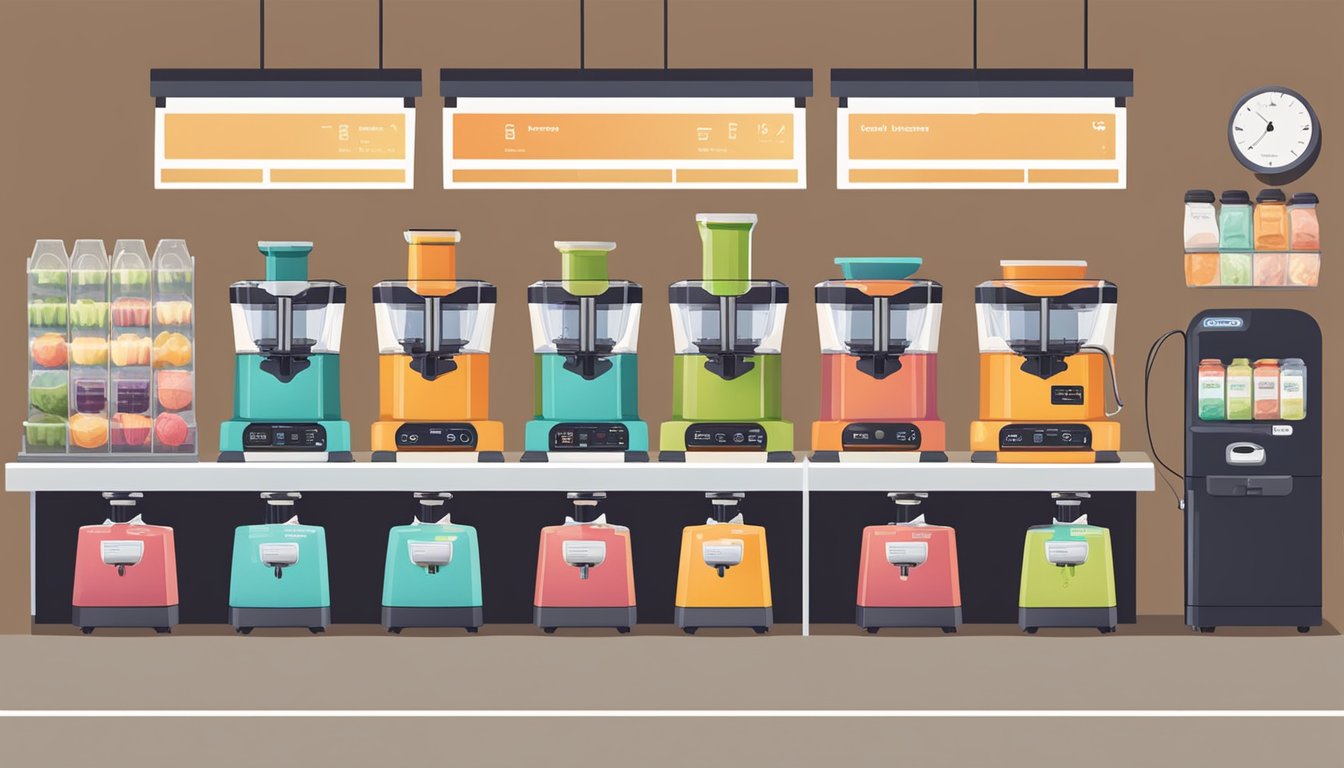 A display of various juicers with labels and price tags, surrounded by customers reading reviews and comparing features