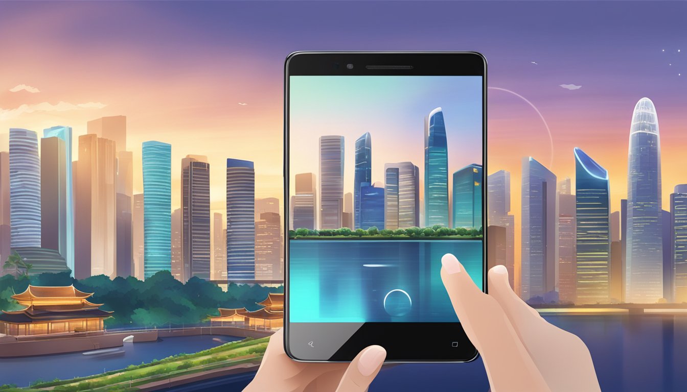 A hand holding an ASUS ZenFone in front of a Singapore city skyline