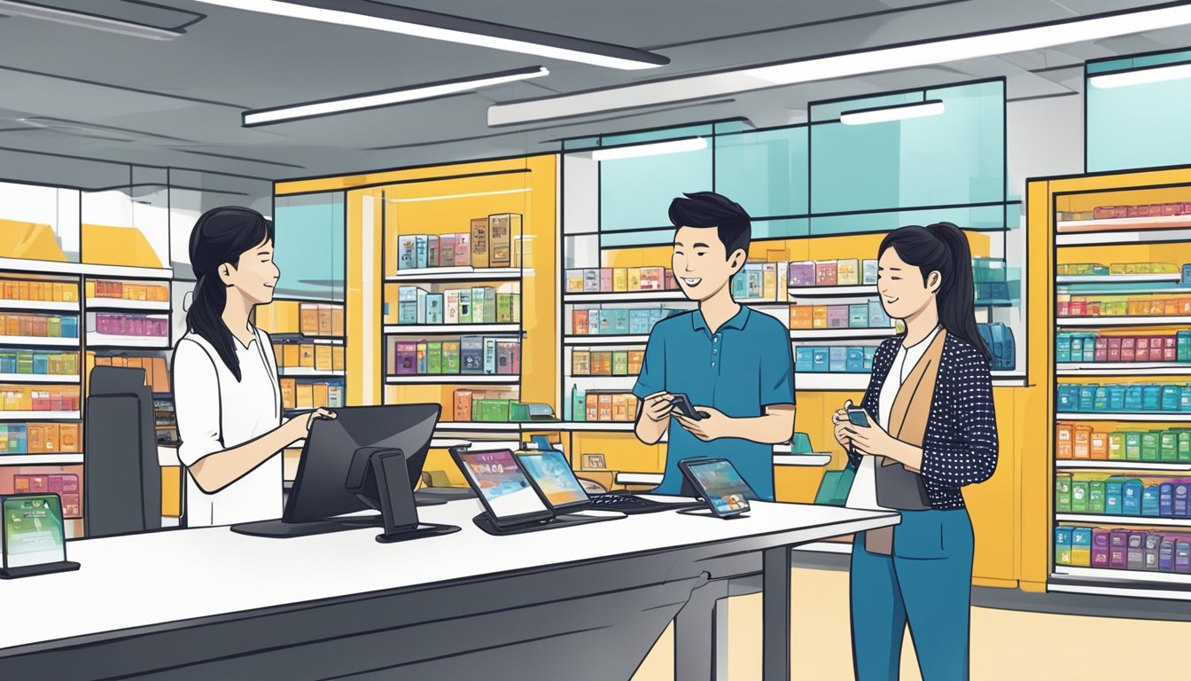 A customer buying an Asus Zenfone in a Singapore store, receiving after-sales support from a helpful staff member