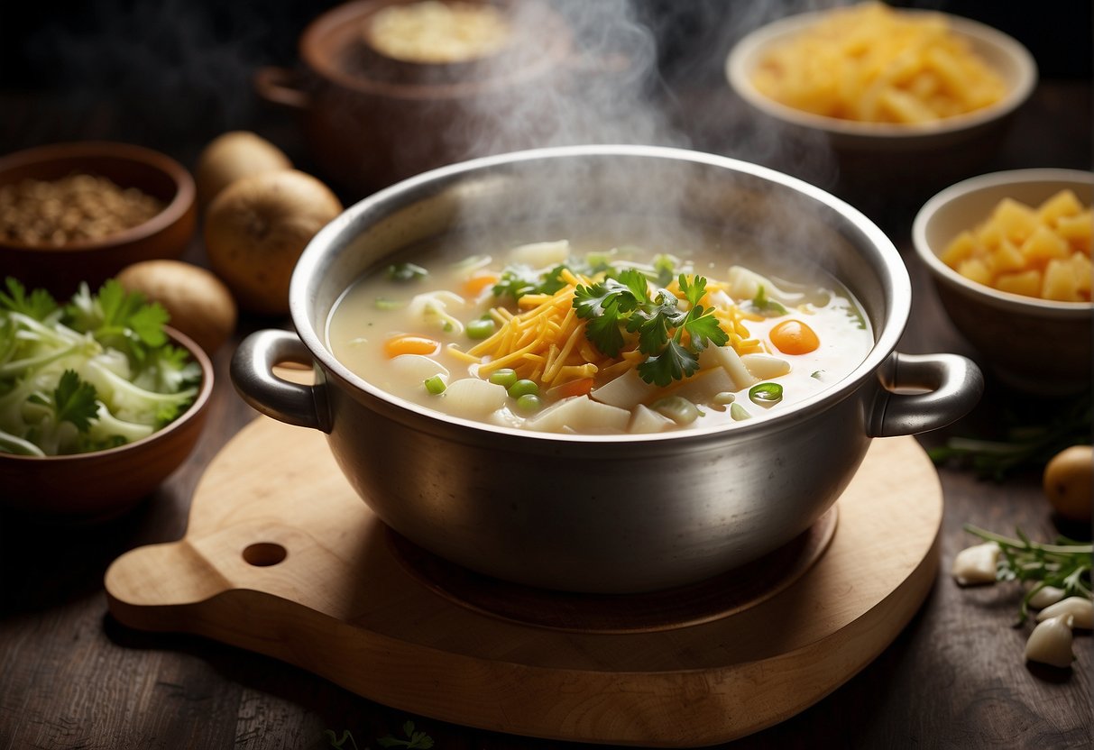 A steaming pot of Chinese potato soup surrounded by various ingredients and a recipe book open to "Frequently Asked Questions."
