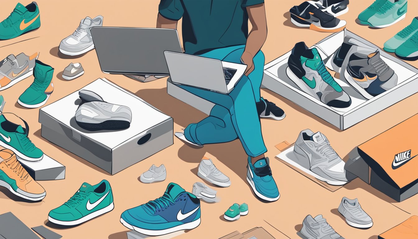 A person browsing the Nike website on their laptop, surrounded by various Nike shoe boxes and a pair of sneakers on the table