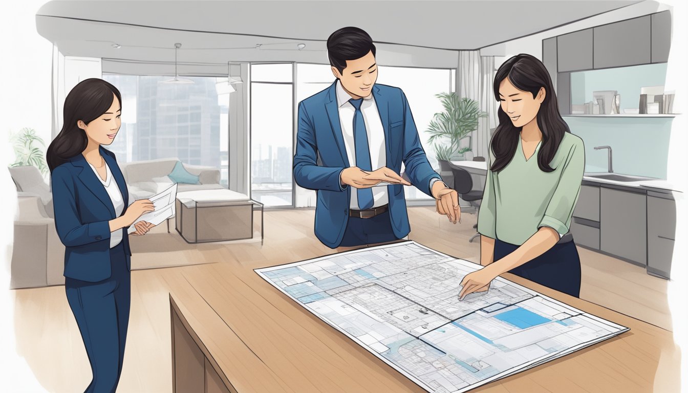 A real estate agent presents a floor plan to a couple, discussing the process of buying a house in Singapore. The couple looks at the floor plan with interest, while the agent explains the details of the housing market