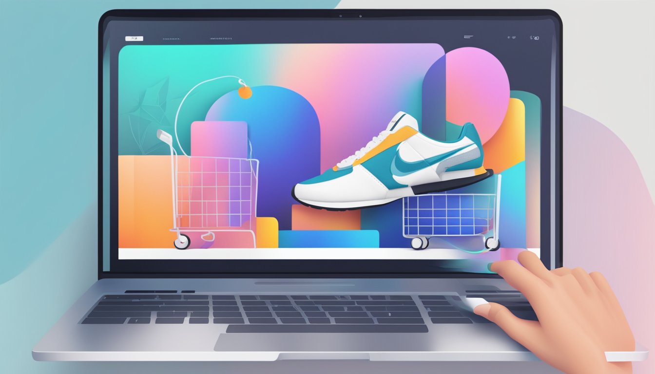 A laptop displaying the Nike website, with a sleek and modern interface. A hand reaches for a virtual shopping cart, filled with various Nike products