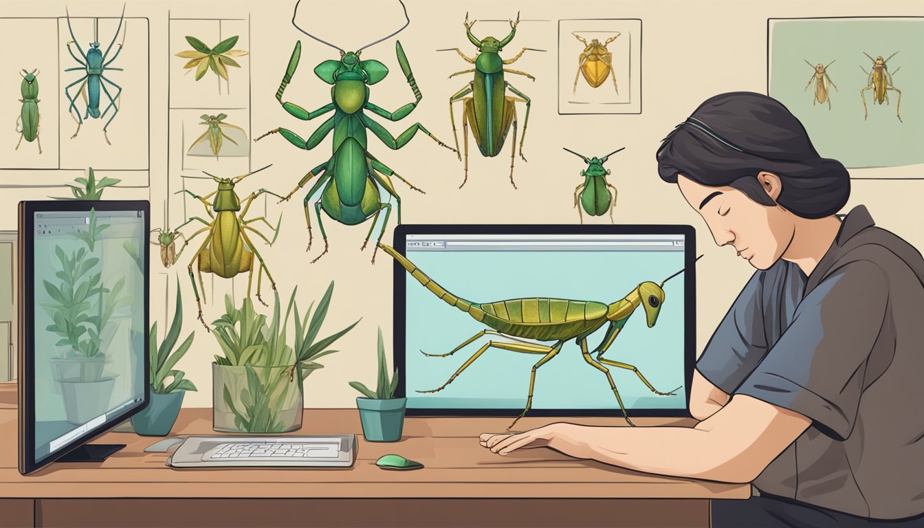 A person browsing a variety of praying mantises online, with different species and colors displayed on the screen