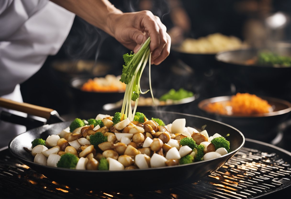 A wok sizzles with sliced water chestnuts, garlic, and soy sauce. A chef tosses the ingredients, creating a fragrant Chinese stir-fry