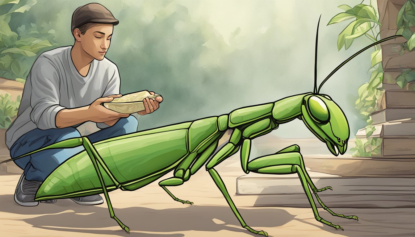 A person clicks "buy" for a praying mantis online. A package is shipped to their door