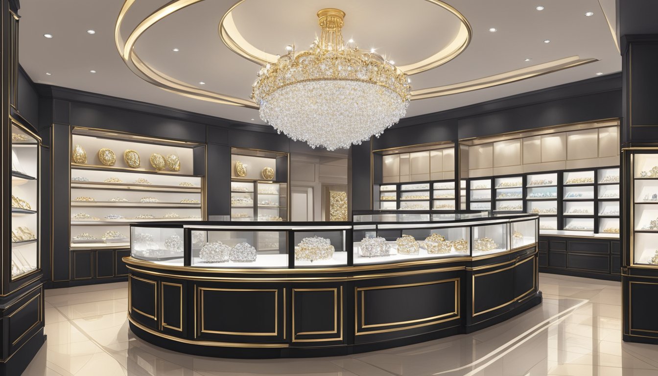 A jewelry store in Singapore, with a display of sparkling engagement rings in various styles and settings. Bright lights and elegant decor create a luxurious atmosphere