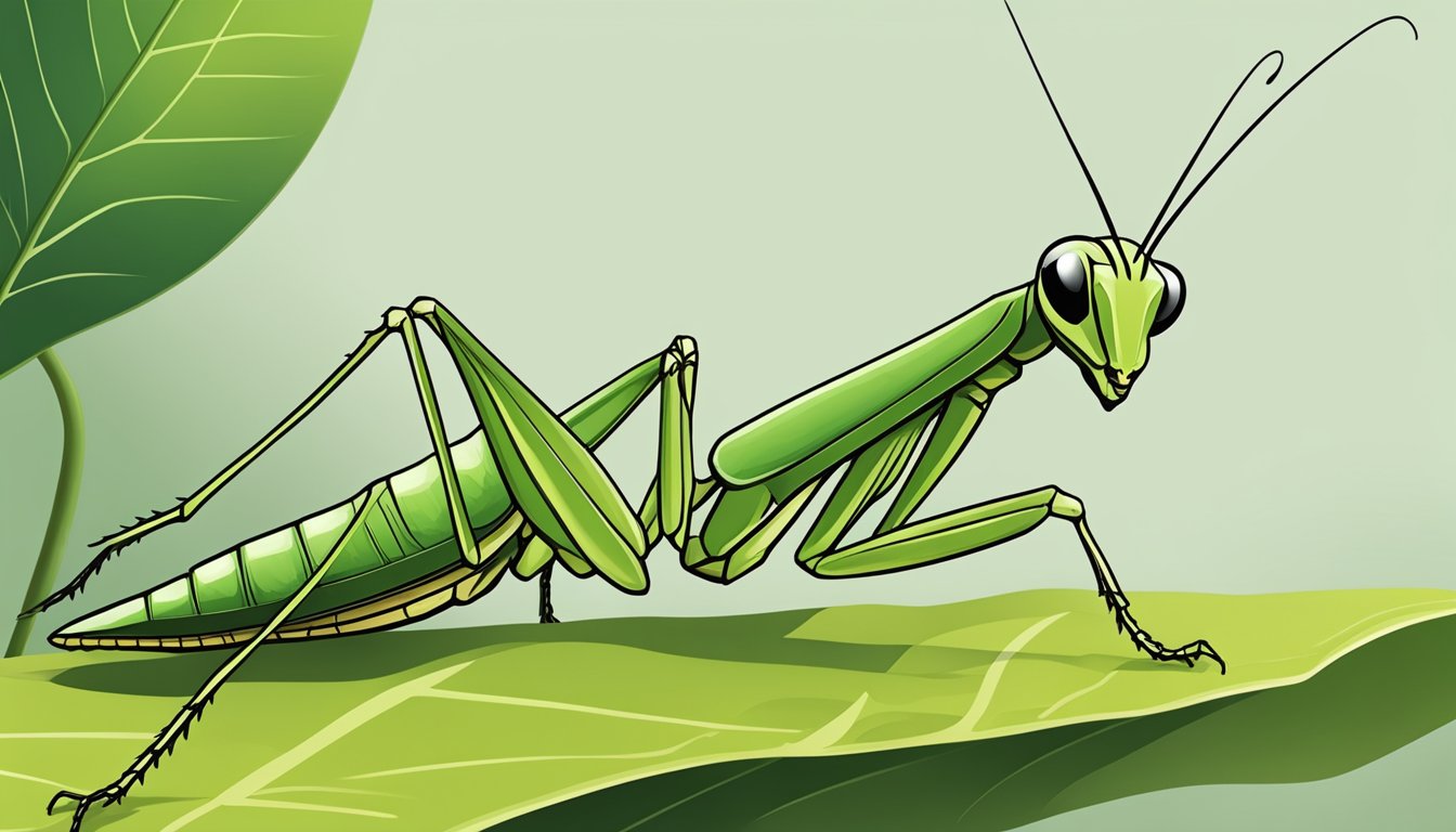 A praying mantis perched on a leaf, with a curious expression and raised forelegs, as if ready to pounce on its prey