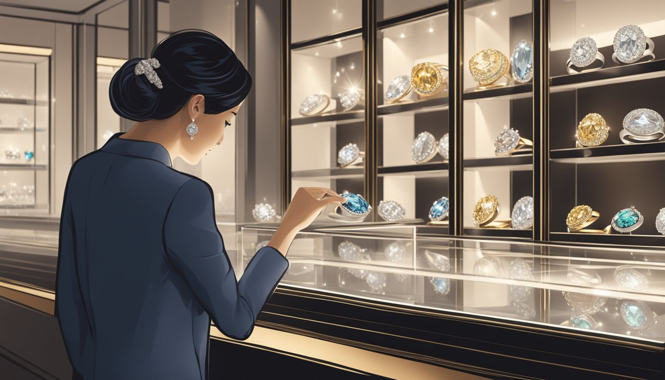 A jeweler carefully selects a sparkling diamond ring from a display case in a luxurious Singapore boutique