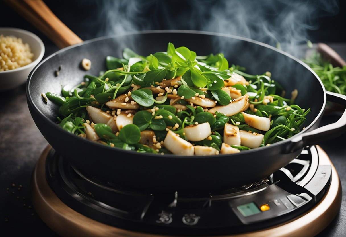 A wok sizzles with garlic and ginger as watercress is stir-fried in soy sauce and sesame oil, creating a vibrant Chinese dish
