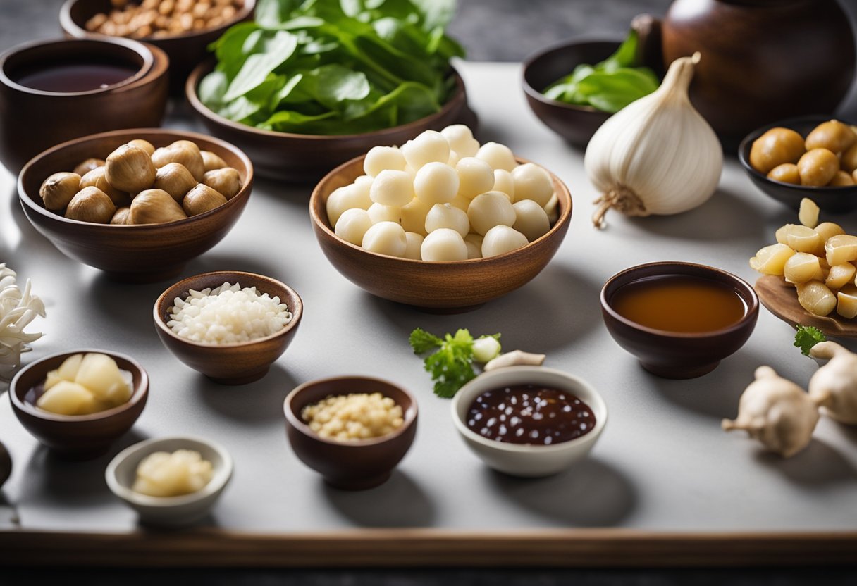 Ingredients are being selected for a Chinese water chestnut recipe. Various items are laid out on a kitchen counter, including water chestnuts, soy sauce, ginger, and garlic