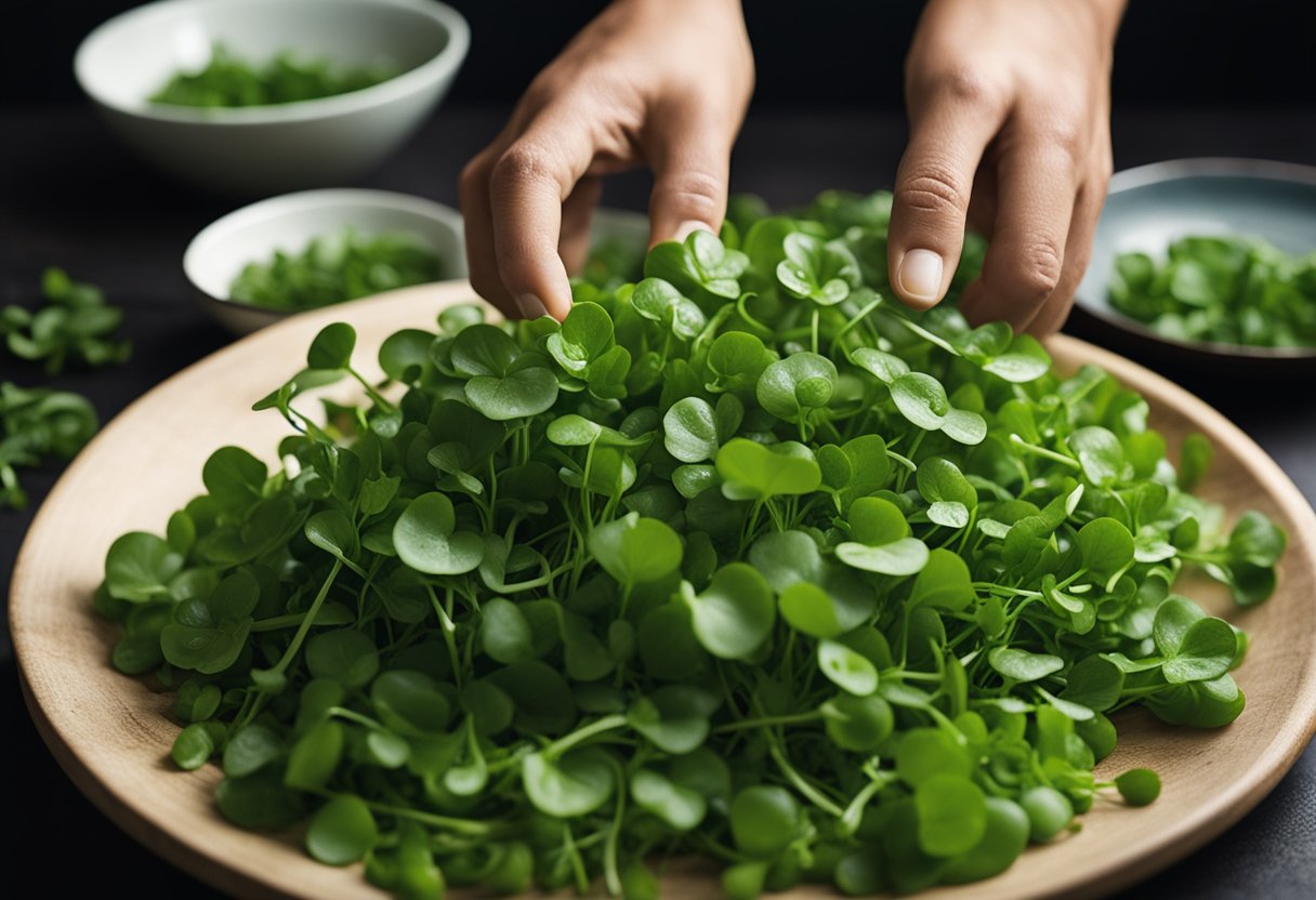 A hand reaches for fresh watercress, rinsing and patting dry for a Chinese watercress recipe