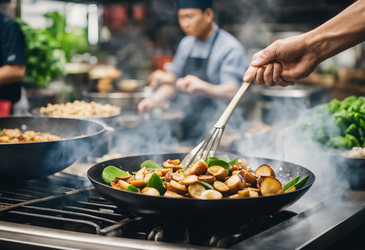 Water chestnuts being stir-fried in a wok with soy sauce, ginger, and garlic. A chef's hand adds them to a colorful vegetable stir-fry