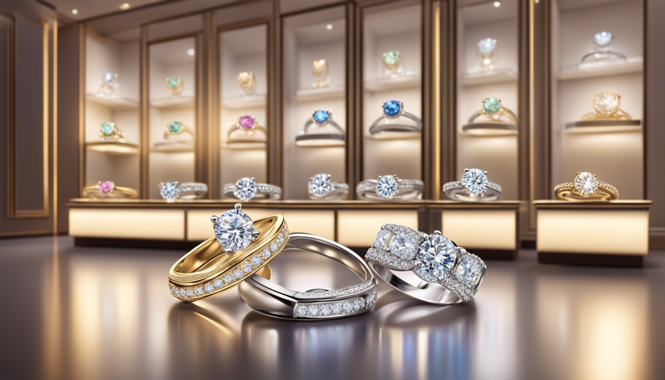 A sparkling display of engagement rings in a luxurious Singapore jewelry store. Bright lights illuminate the elegant designs, showcasing the perfect symbol of love