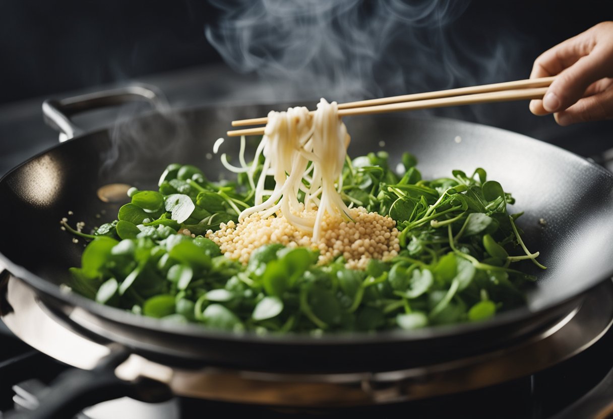 A wok sizzles with garlic and ginger as watercress is tossed in. Steam rises, filling the kitchen with fragrant aromas. Soy sauce and sesame oil are added, creating a savory sauce