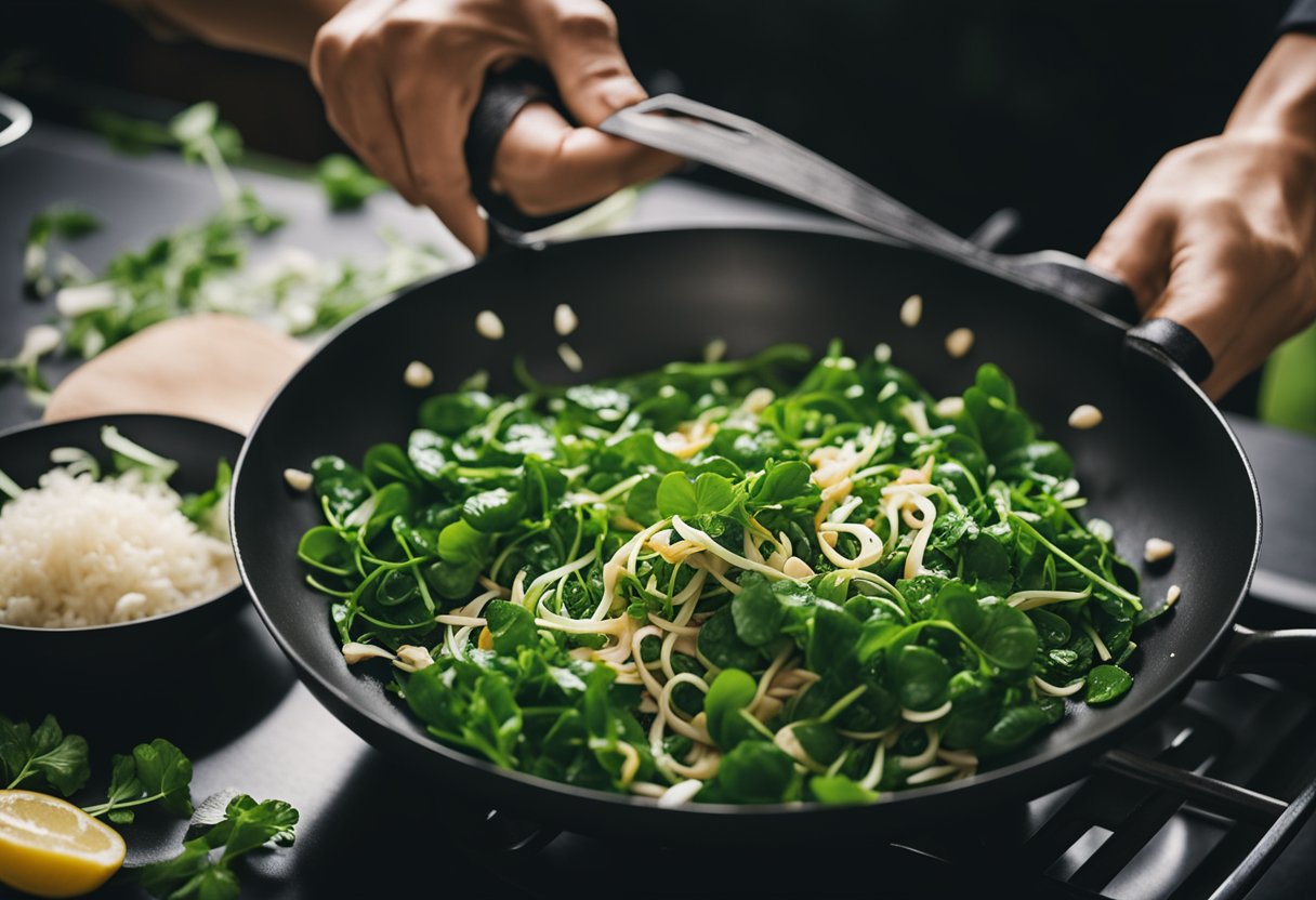 A chef stir-fries watercress with garlic and ginger in a wok, creating a vibrant and aromatic Chinese dish