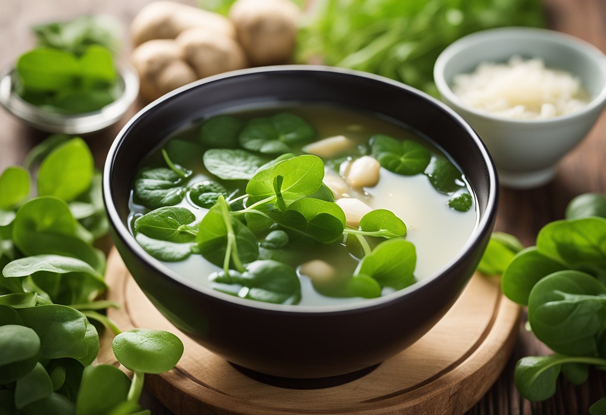 A bowl of Chinese watercress soup steams on a wooden table, surrounded by fresh watercress leaves, ginger, and other colorful ingredients