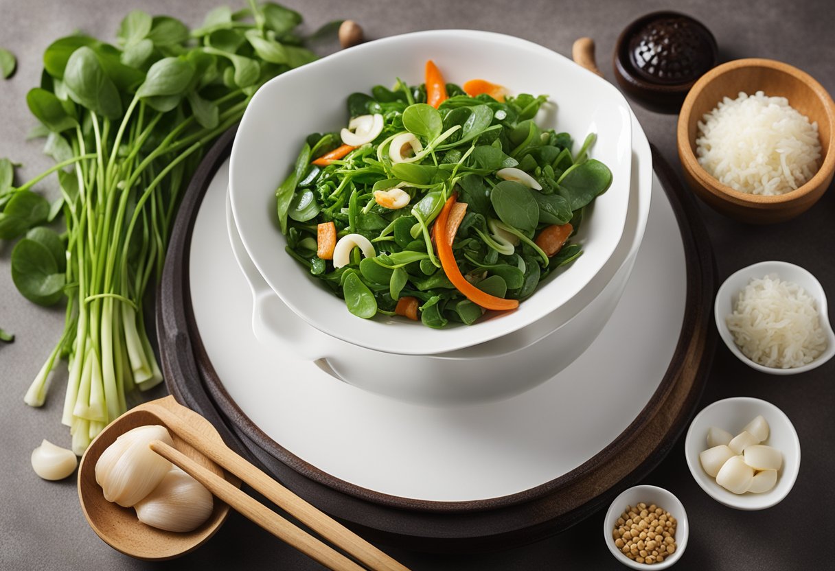 A bowl of watercress stir-fry sizzling in a wok, surrounded by traditional Chinese cooking ingredients and utensils
