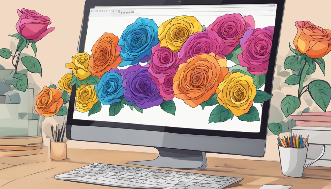 Colorful roses arranged in a rainbow pattern, displayed on a computer screen with a "buy now" button