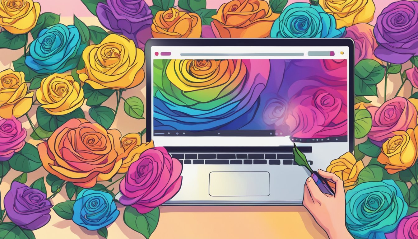 A hand reaches out to select vibrant rainbow roses from an online shop, with a computer screen displaying "buy rainbow roses online" in the background