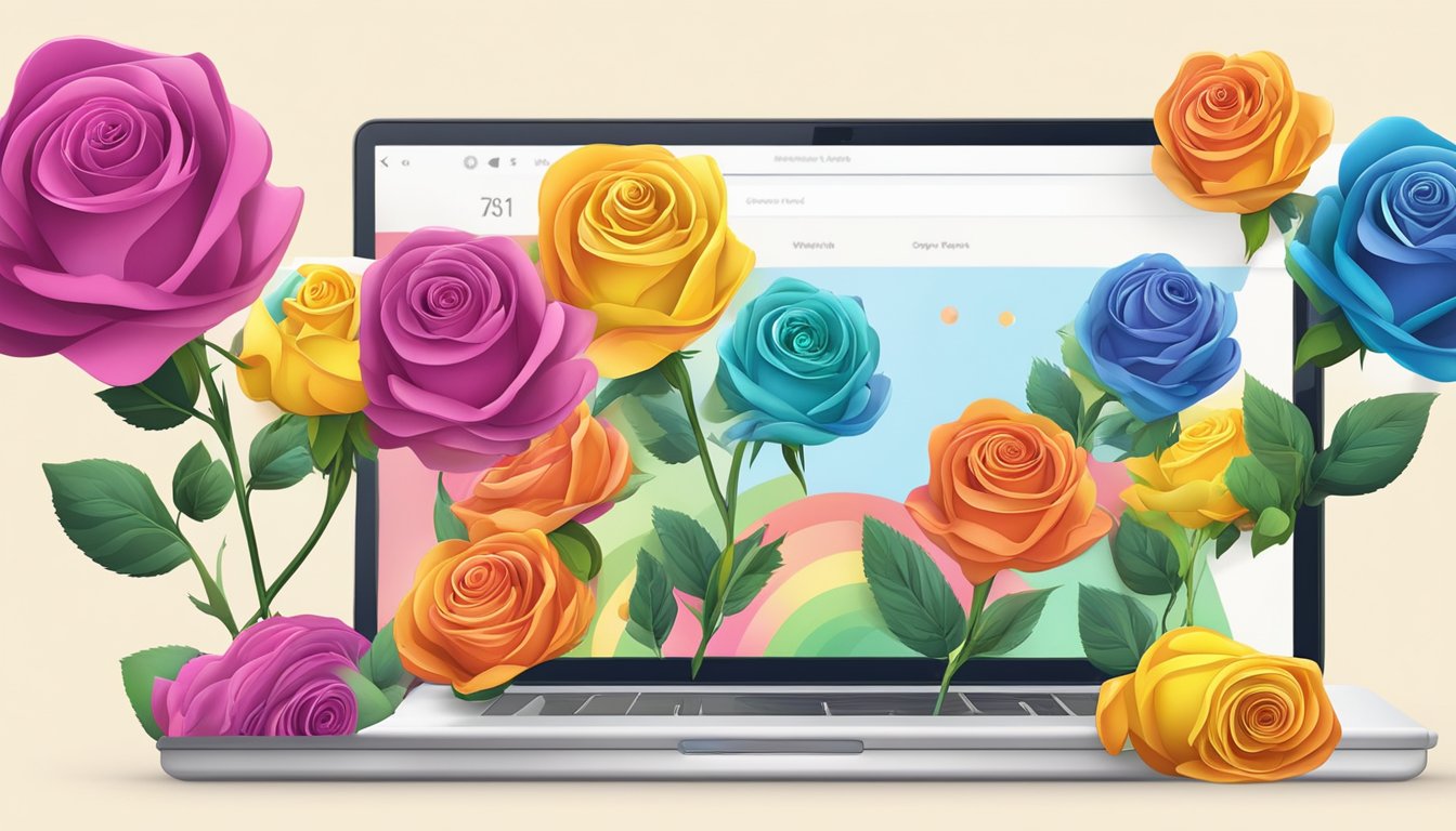 Colorful rainbow roses displayed on a website with "Purchase" and "Delivery Options" buttons