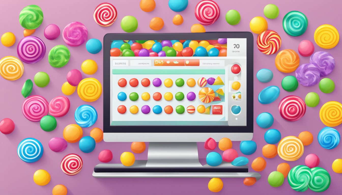 Colorful candy displayed on a computer screen with a "buy now" button