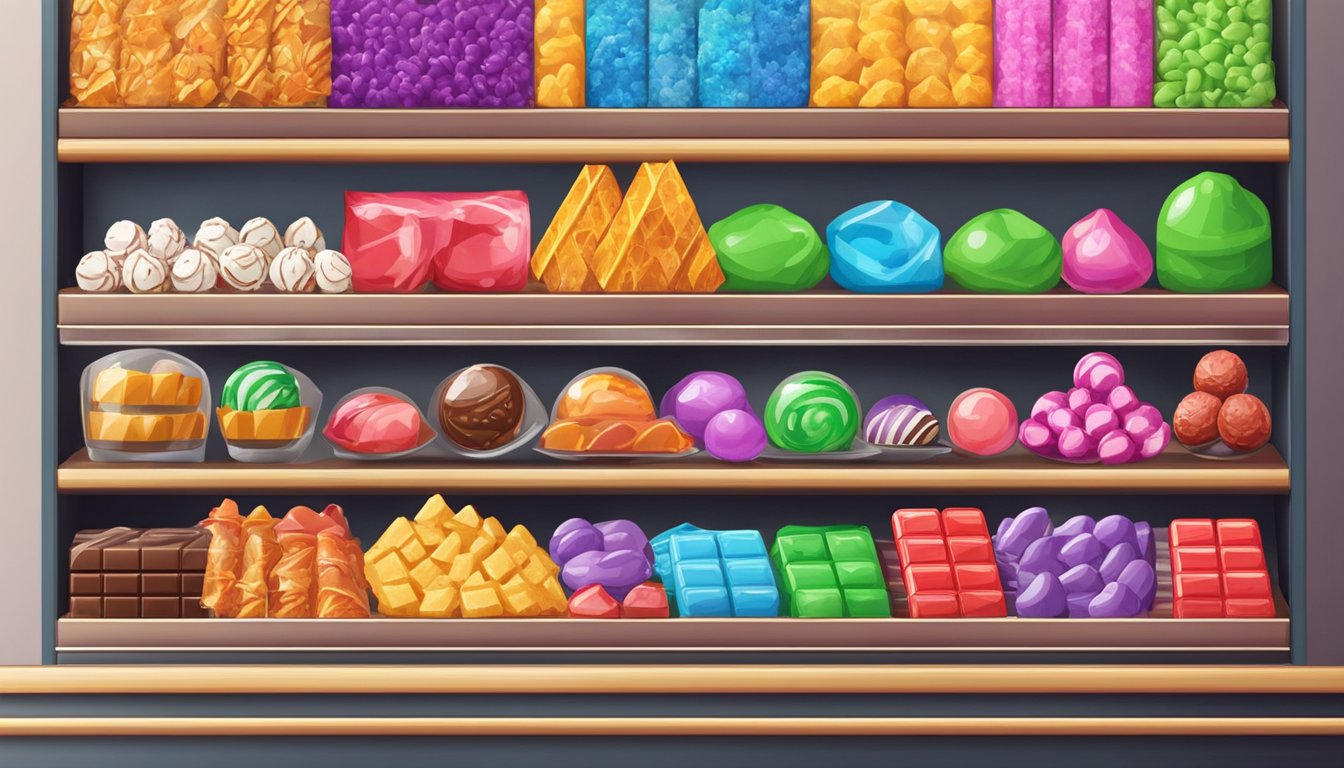 A colorful array of candies and chocolates displayed on shelves, with an online order form and payment options visible