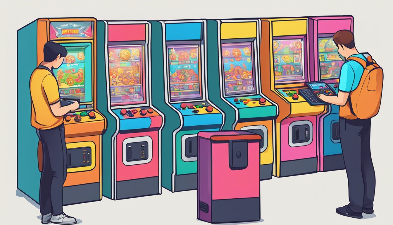 A customer carefully examines a row of colorful arcade machines, comparing features and designs before making a decision
