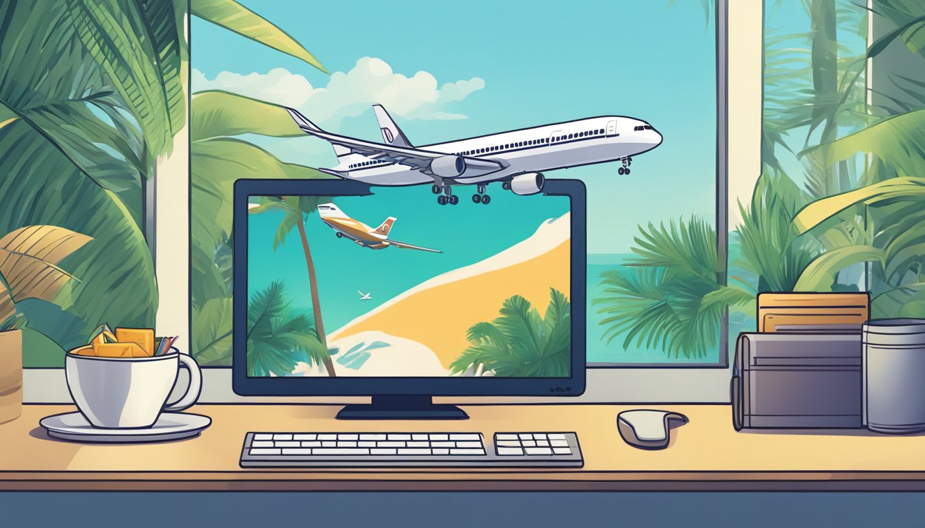 The Singapore Air Buy Miles scene shows a computer screen with a miles purchase offer, a credit card, and a tropical vacation destination in the background